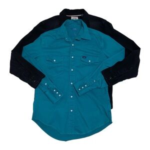 Wrangler Lot Of 2 Mens Classic Pearl Snap Western Shirts Medium Teal & Black